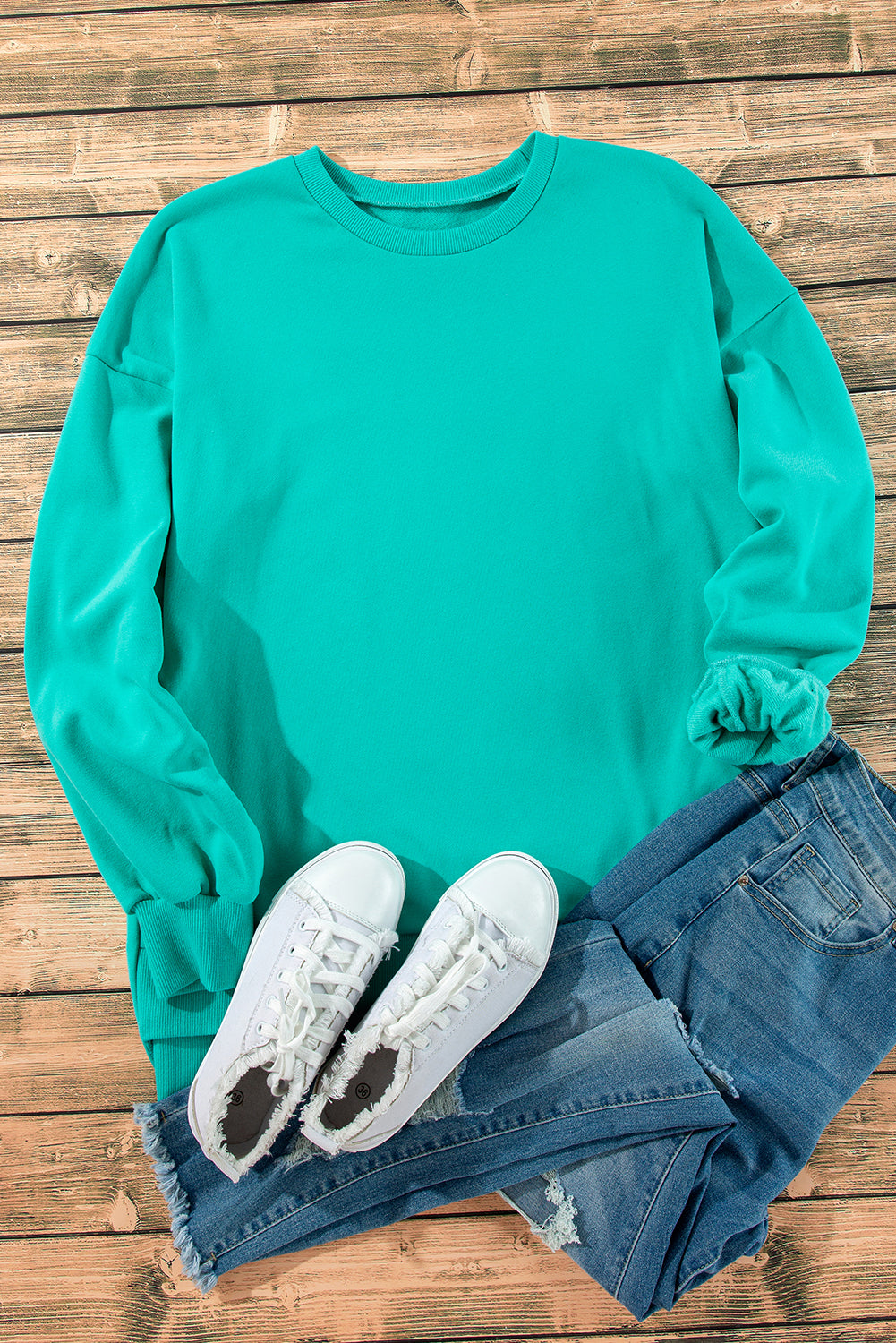 High-low drop-shoulder sweatshirt with solid fleece lining in sea green