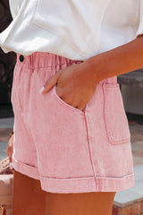 Vintage Washed Dusty Pink Ruffle High Waisted Denim Shorts