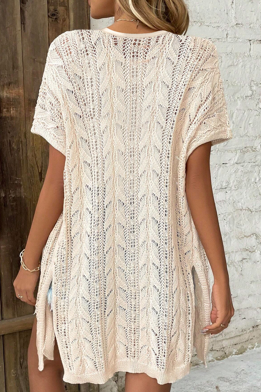 Apricot openwork short sleeve open cardigan