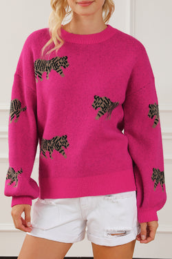 Red Rose Fierce Animal Pattern Casual Knitted Sweater