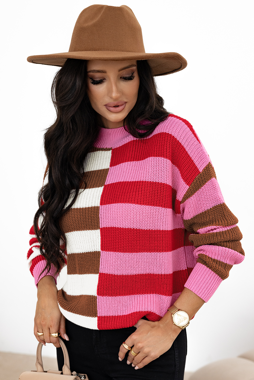 Loose-fitting striped color block sweater with high neck and dropped shoulders in pink