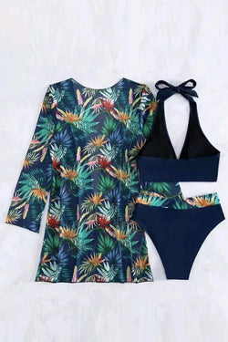 Ensemble de bikini dos nu à bordure contrastée tropicale 3 pièces noir avec cache-maillot-A WOMAN WE LOVE