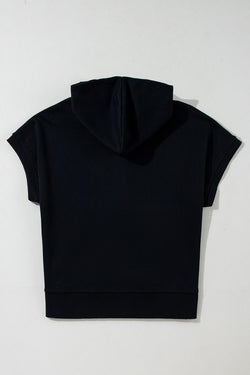 Black short sleeve hoodie with kangaroo pocket with half zip