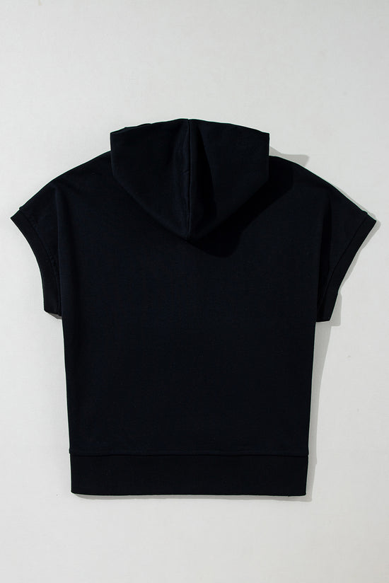 Black short sleeve hoodie with kangaroo pocket with half zip