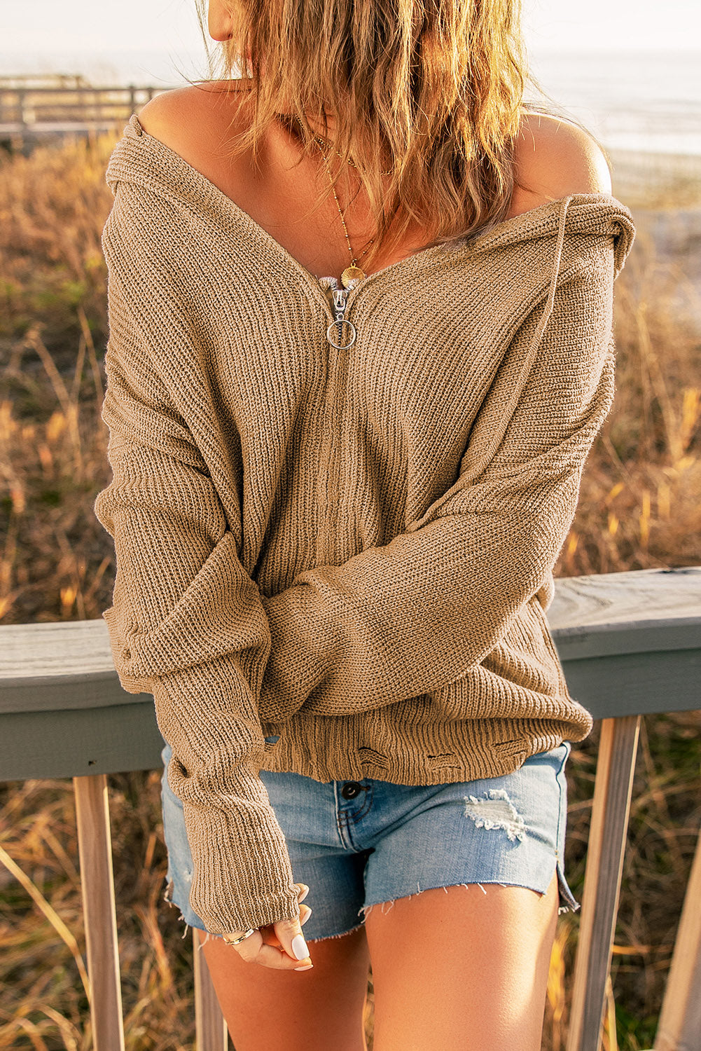 Khaki zipped V-neck sweater with hood and dropped sleeves