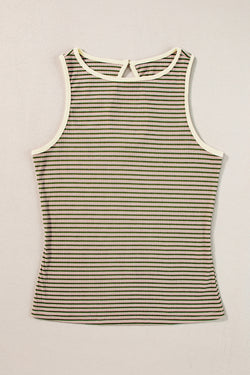 Green Striped and Printed Ribbed Knit Sleeveless Top