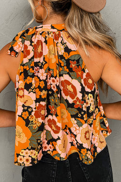 Orange Floral Print Halter Neck Sleeveless Top