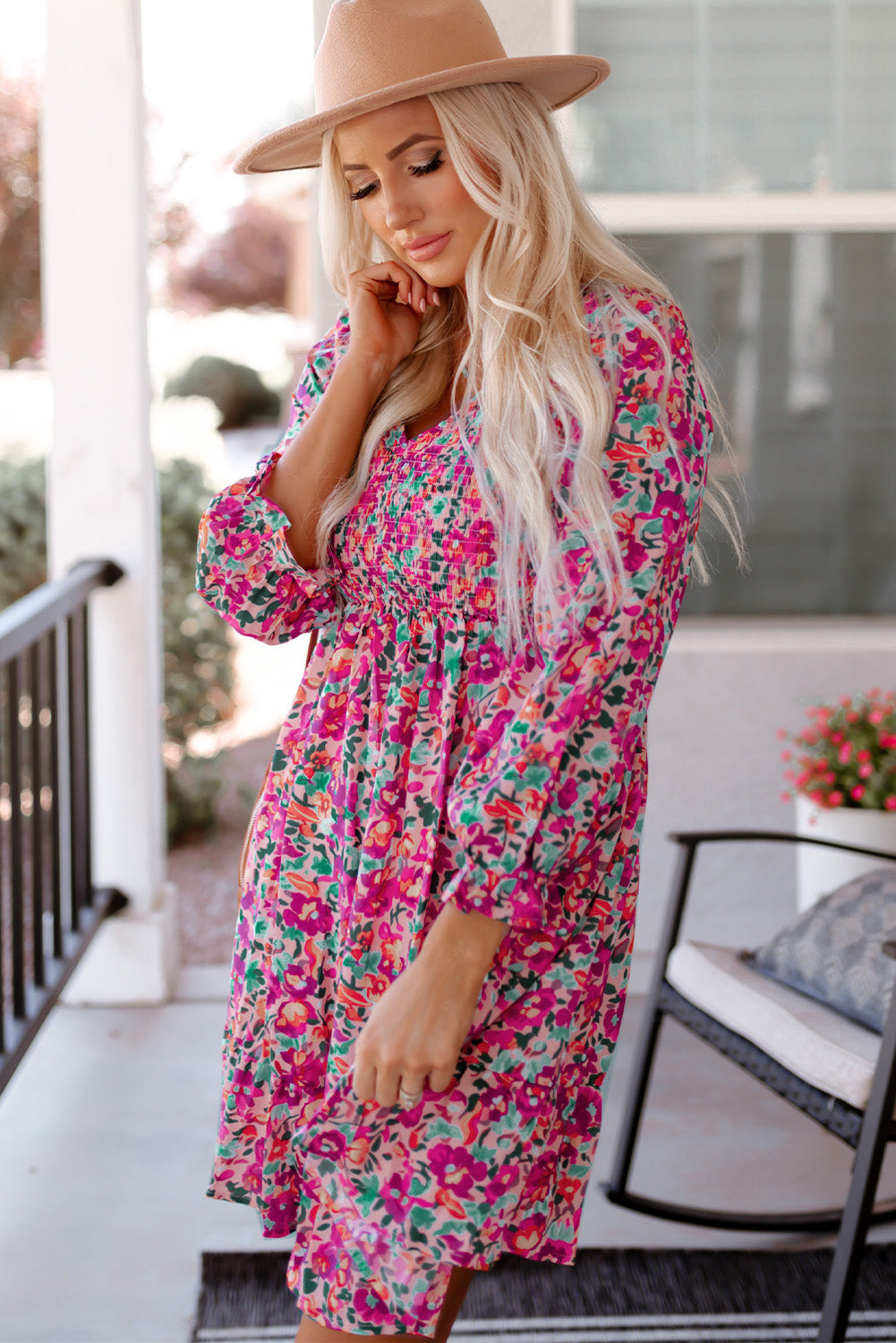 Purple Floral Smocked V-Neck Puff Sleeve Dress