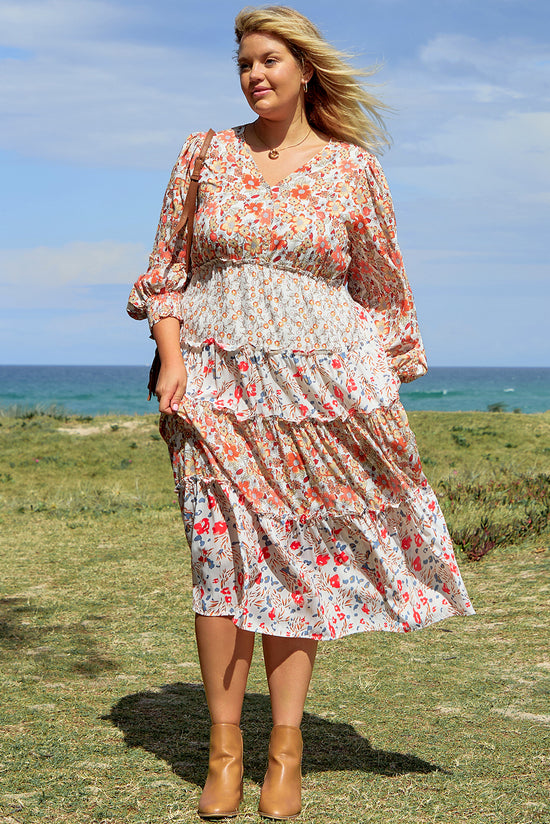 Khaki - Long Floral Dress with large stained steering