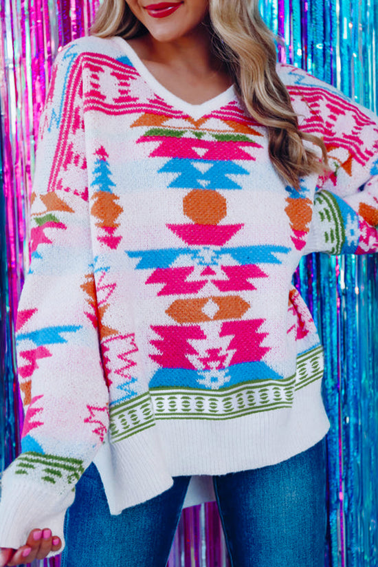 White Oversized Aztec Print Sweater, High Low, V-Neck