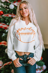Sudadera blanca con cuello con muescas con inscripción "Día del juego" Fútbol de rugby