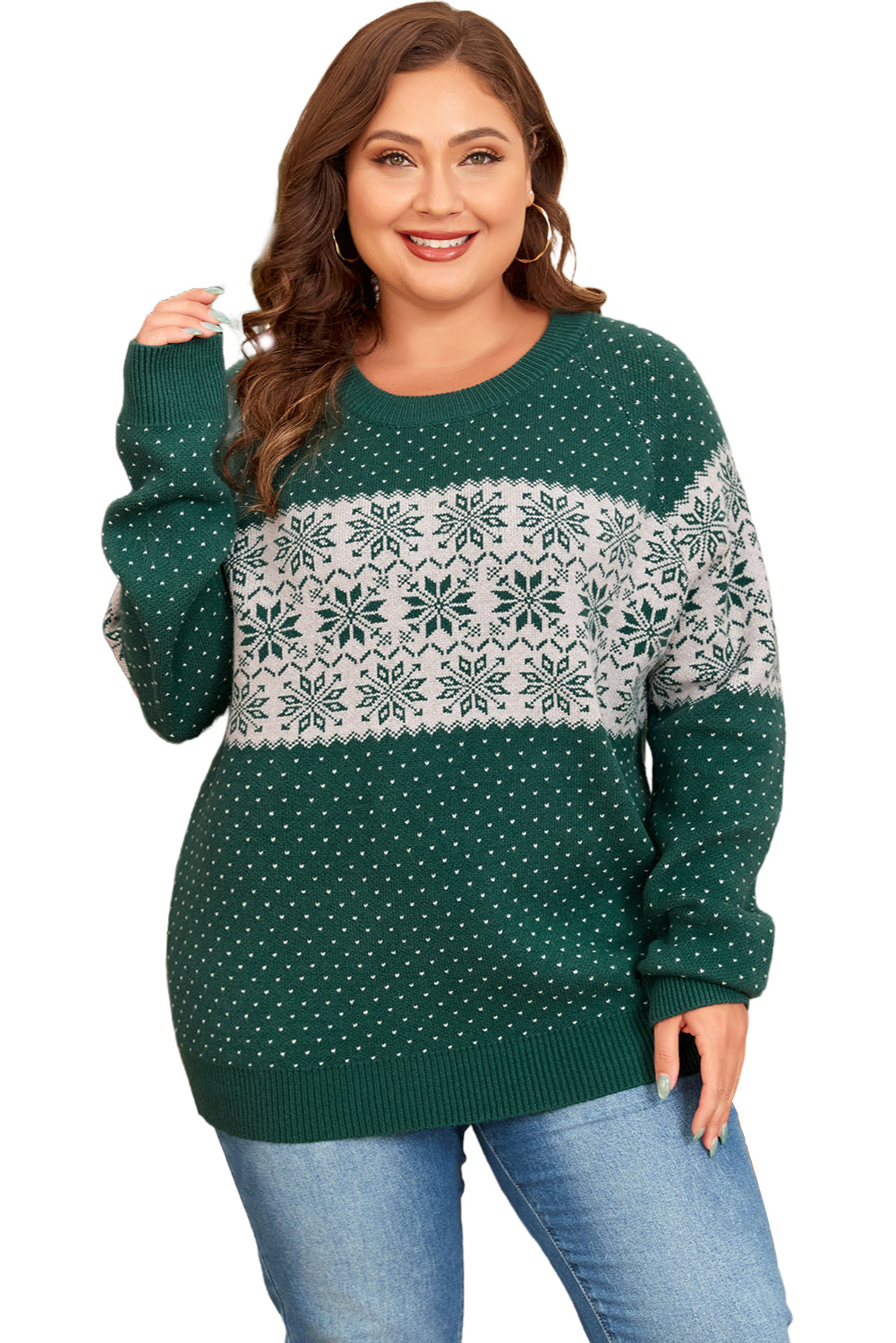 Green Snowflake Pattern Drop Shoulder Christmas Sweater Plus Size