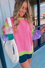Sweat-shirt décontracté à col rond et coutures exposées color block rose