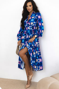 Blue floral midi dress with ruffled peasant sleeves and ruffles