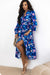 Robe mi-longue bleue à fleurs et manches paysannes à volants et volants