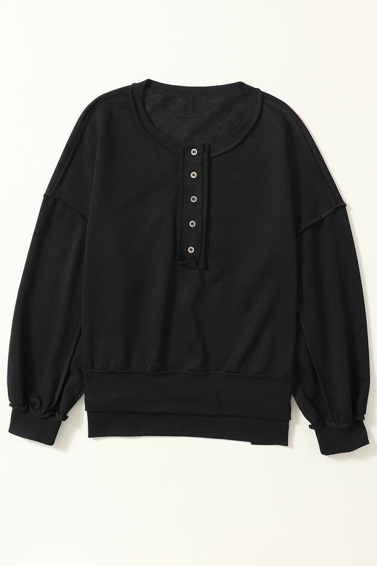 Sweat-shirt noir à épaules tombantes et boutons Henley