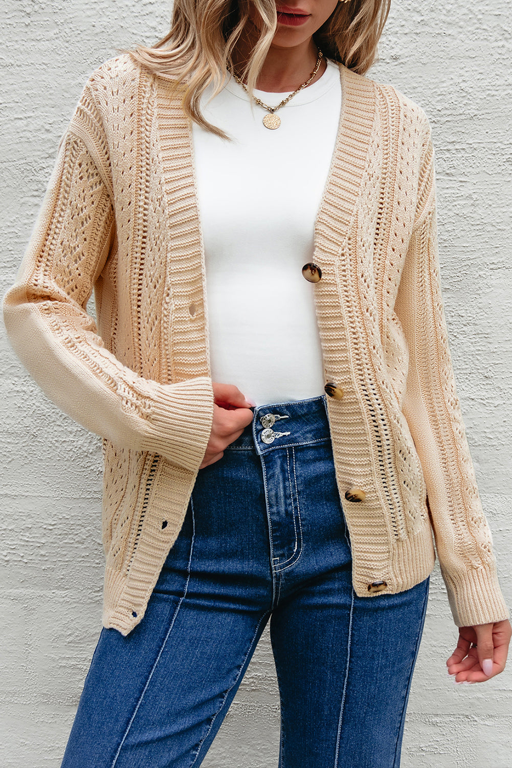 Cardigan pull beige en tricot ouvert à épaules tombantes *-A WOMAN WE LOVE