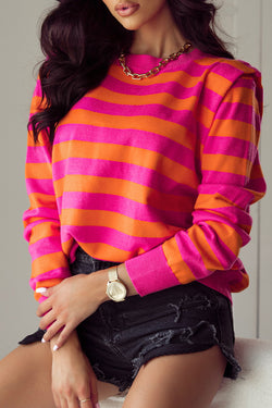 Round neck sweater with shoulder pads and pink stripes