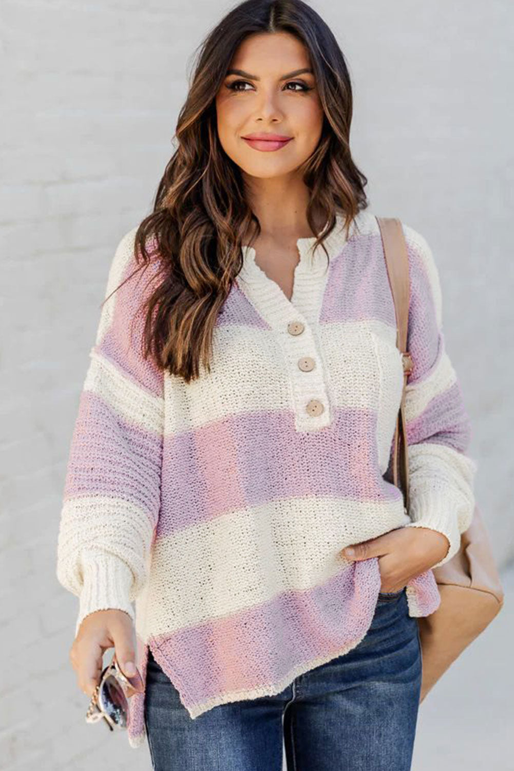 Pink Striped Strick Knopf Rippen geteiltes Nackenpullover