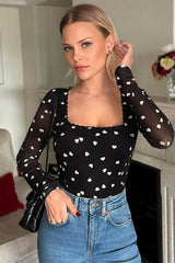 Body noir à col carré et patchwork en maille en forme de cœur-A WOMAN WE LOVE