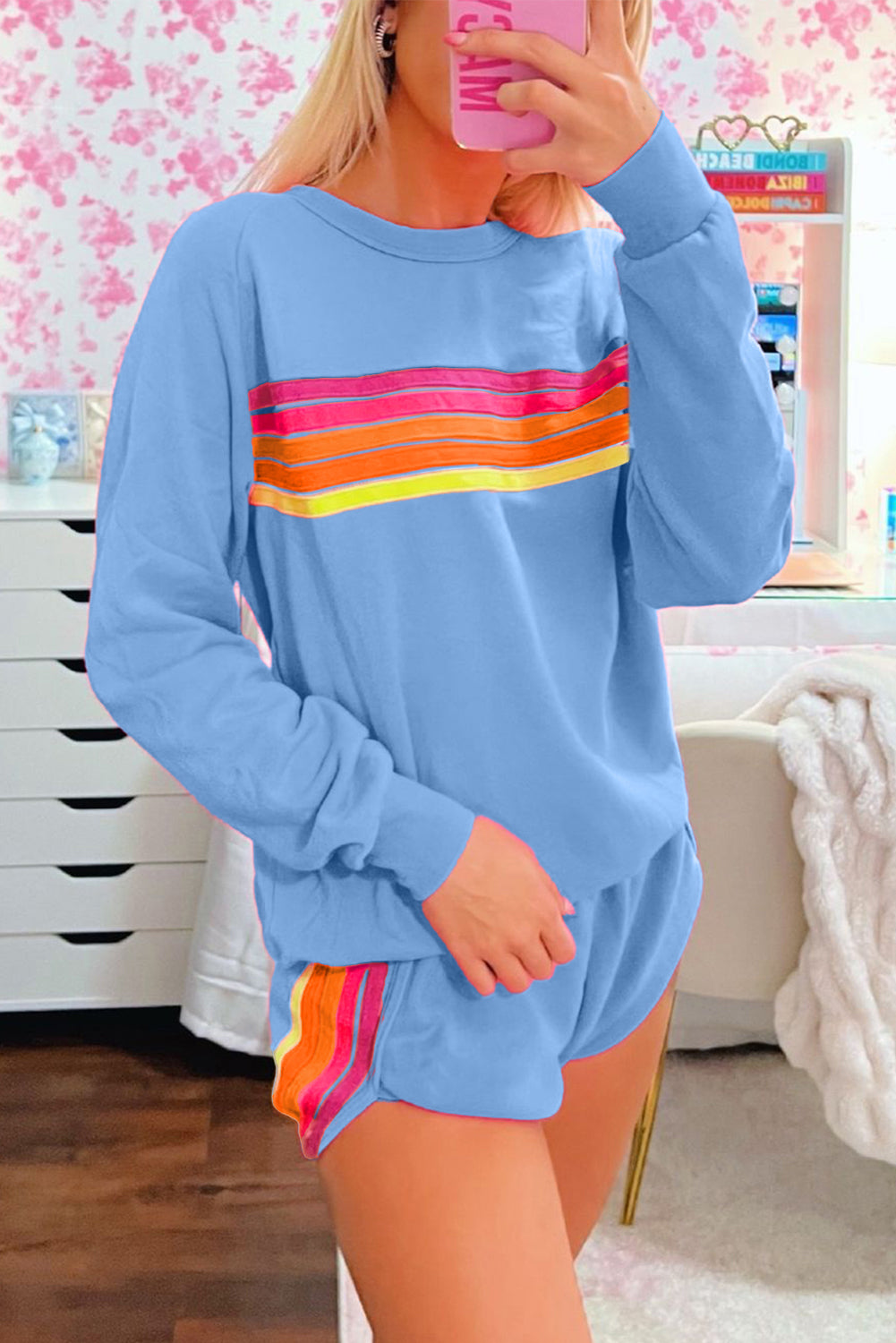 Beau Blue Striped Sweater and Shorts Casual Two Piece Set