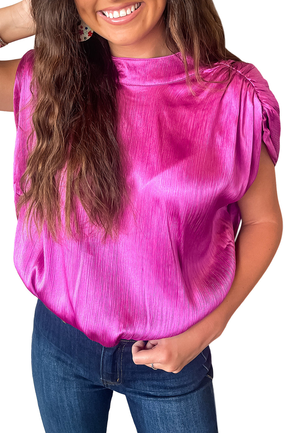 Maniche arricciate rosa brillante blusa senza schienale annodata