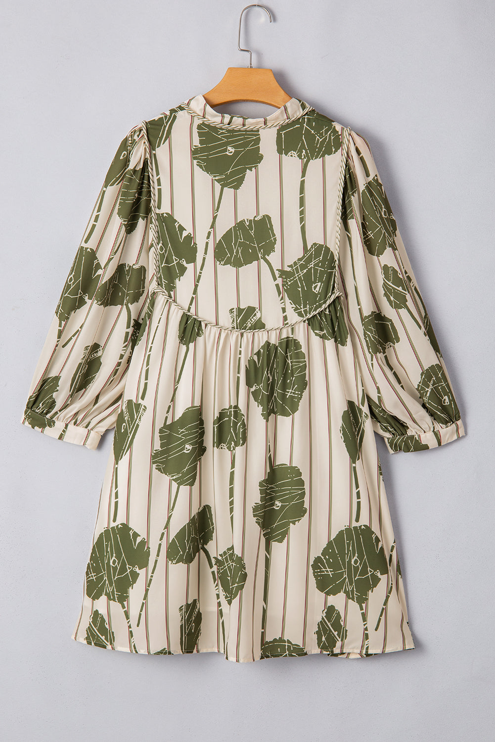 Guacamole Green Floral Striped Print Contrast Piping Puff Sleeve Dress