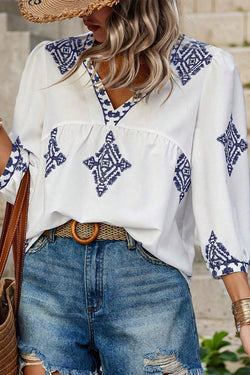 White V -neck blouse and sleeve Boho geometric print bracelet