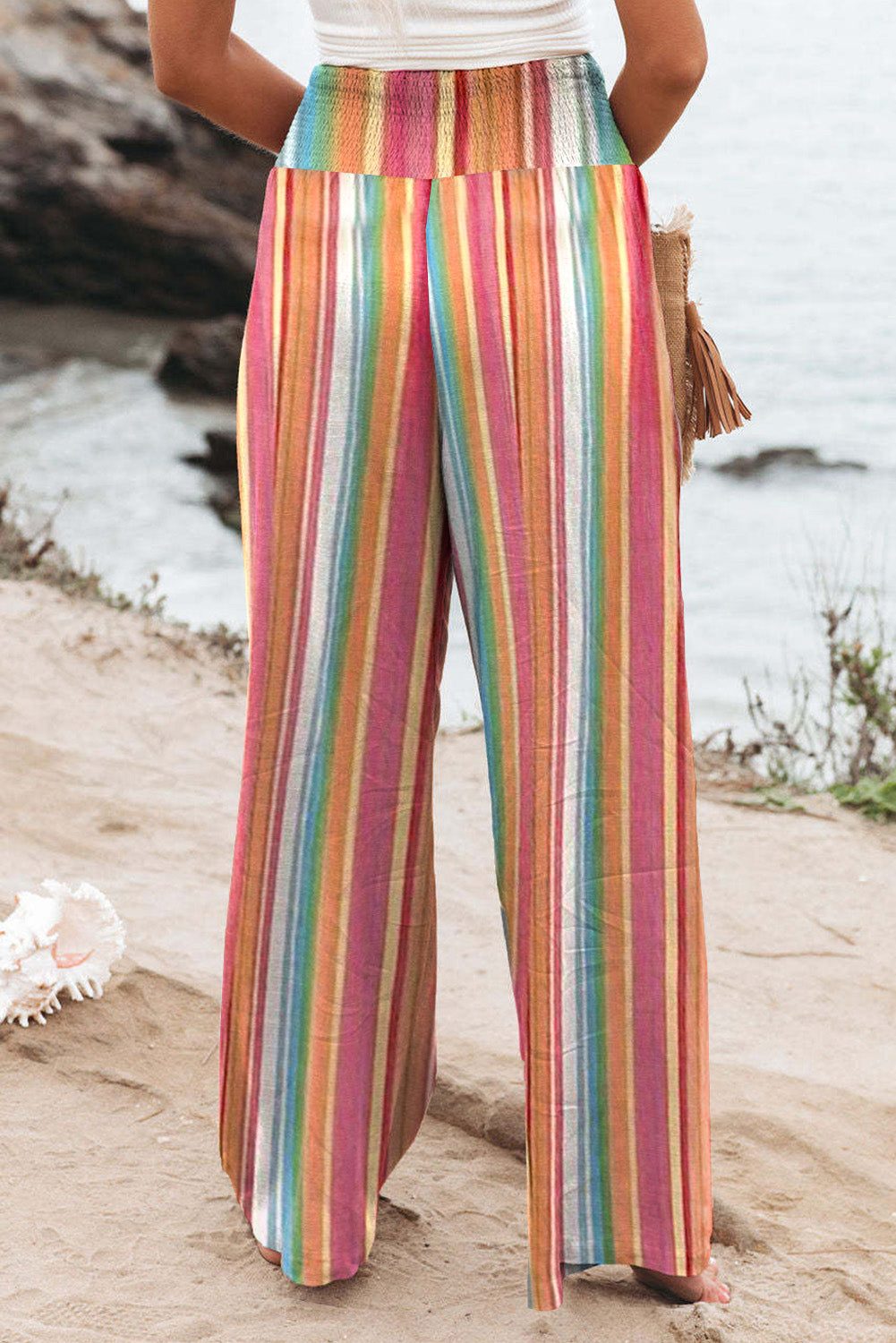 Pantalones de pierna de cintura con cañaste con cañería multicolor a rayas