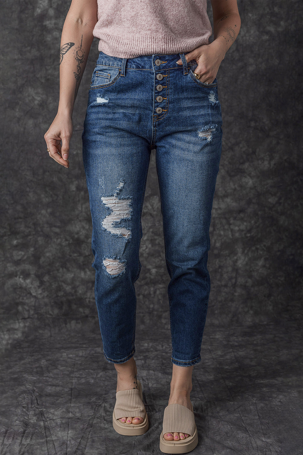 Skinny jeans high blue size aged effect with buttoned fly