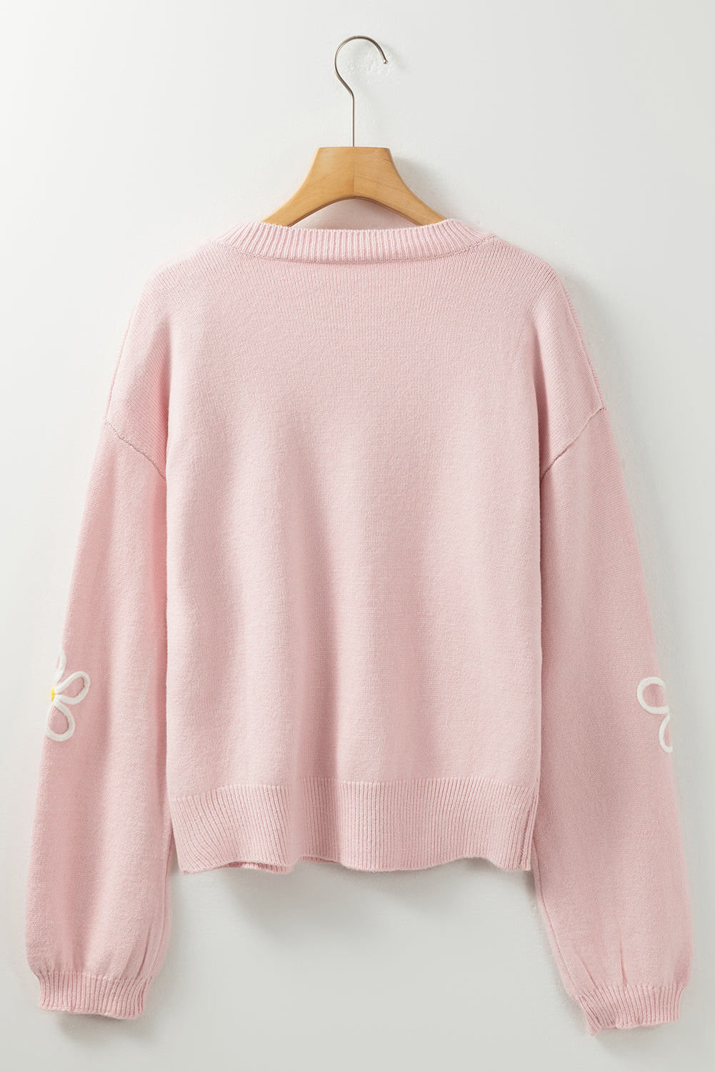 Pink Chenille Daisy Stitching Crew Neckpullover