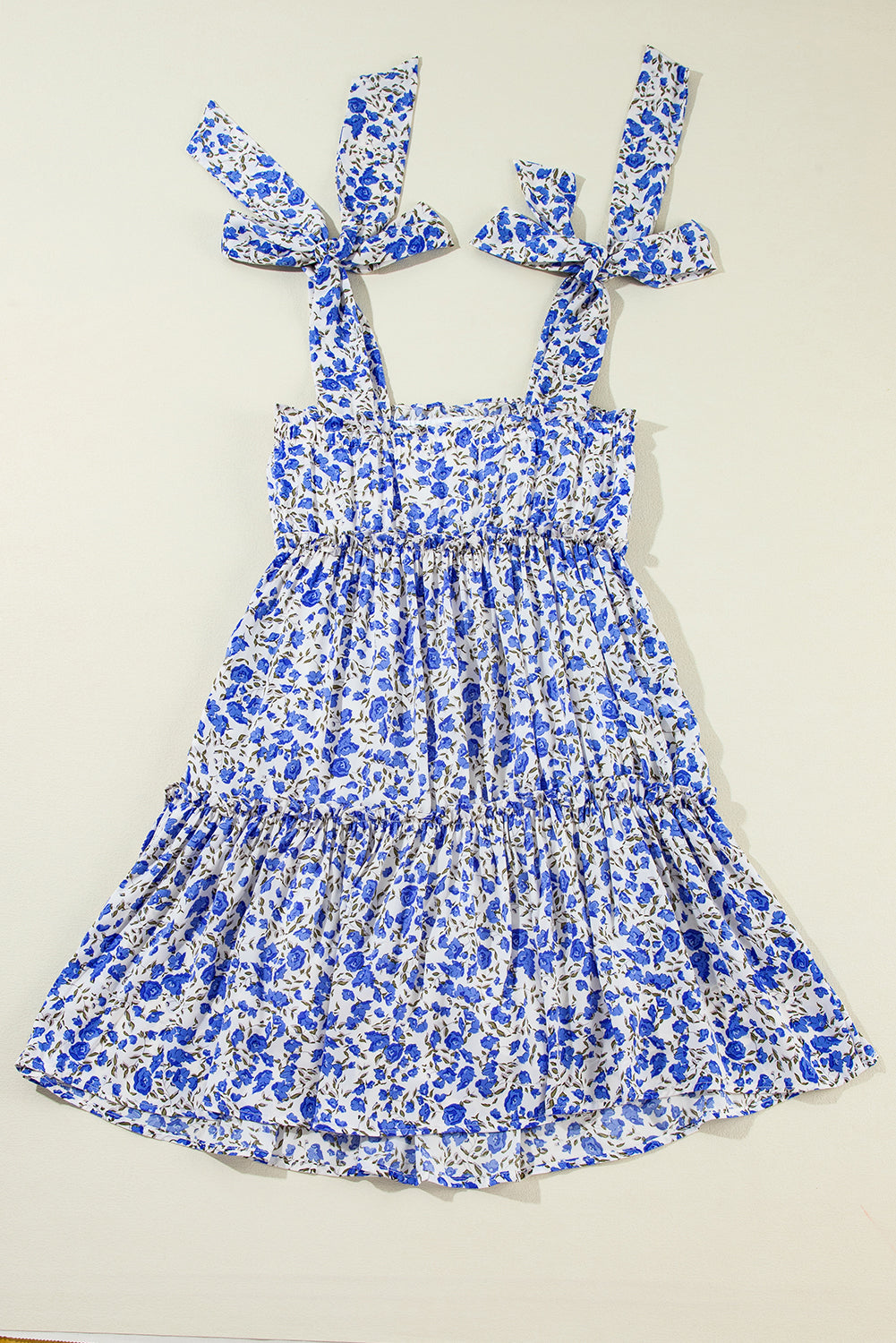 Blue Floral Knotted Straps Tiered Babydoll Dress