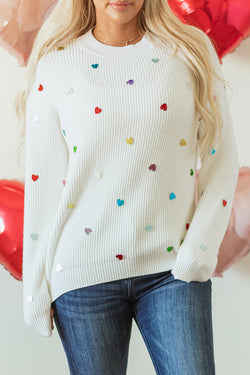 Beige Sequin Heart Waffle Knit Crew Neck Sweater