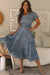 Blue Printed V-Neck Ruched Long Dress with Short Puff Sleeves