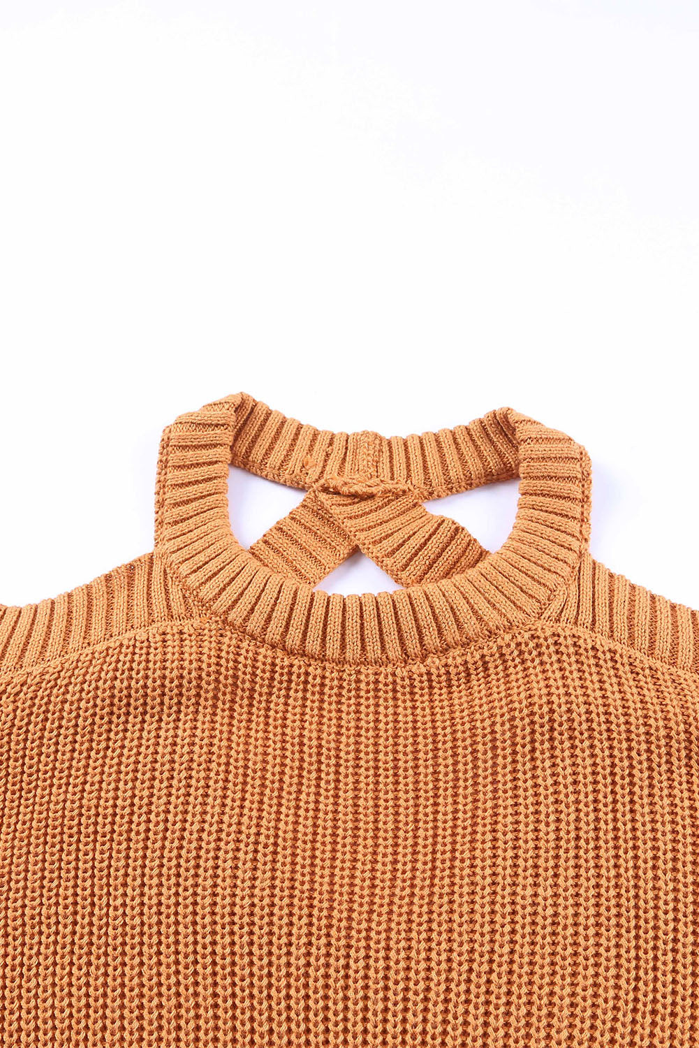 Brown crew neck sweater with off the shoulder back