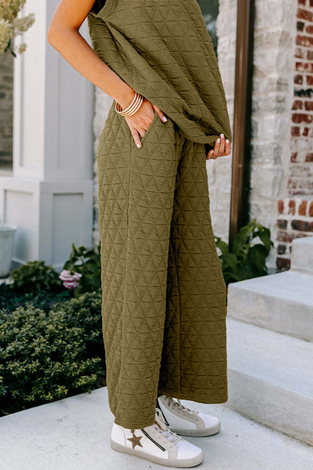 Sage green quilted short sleeve wide leg pants set