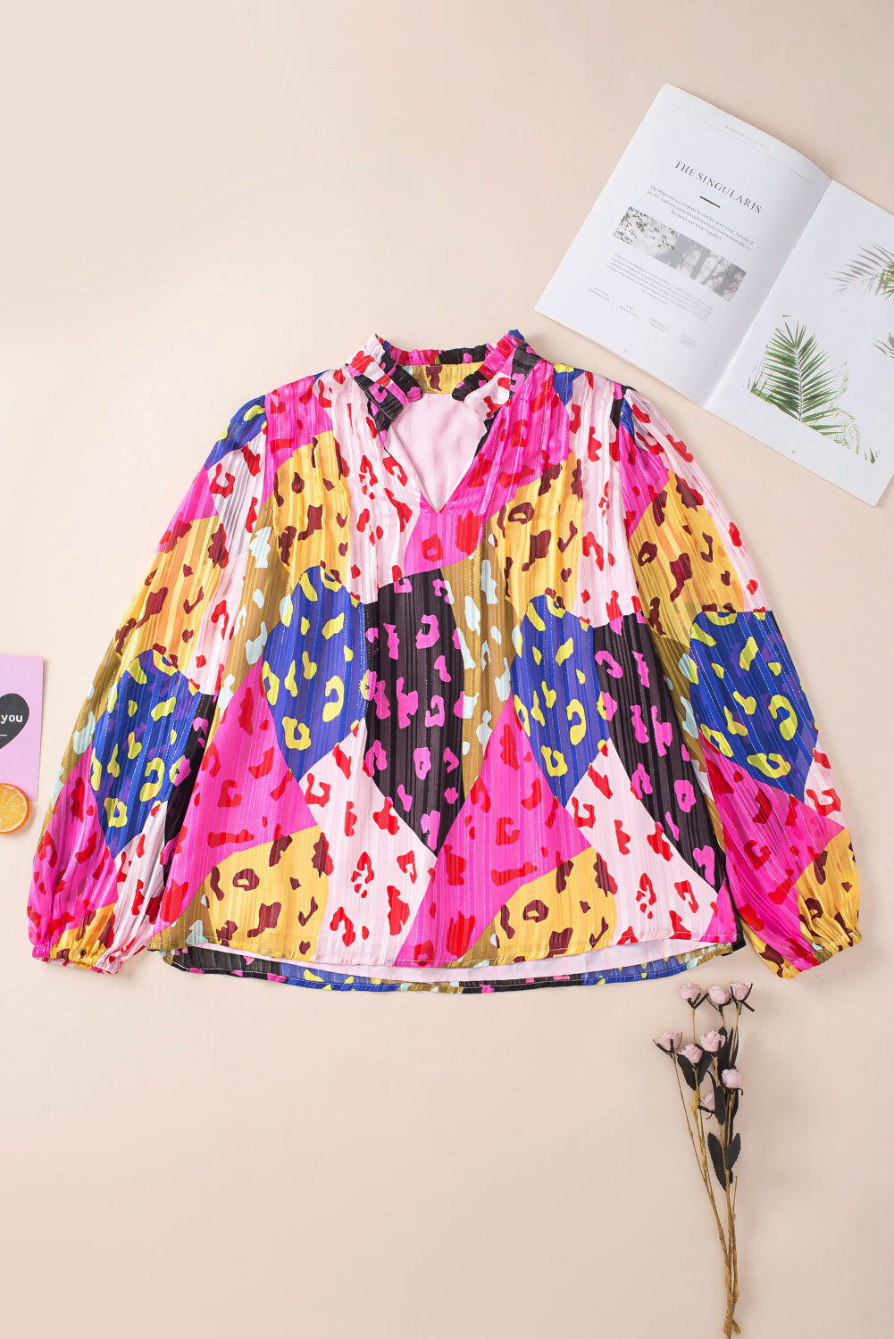 Blouse plissée à imprimé patchwork Rose Leopard