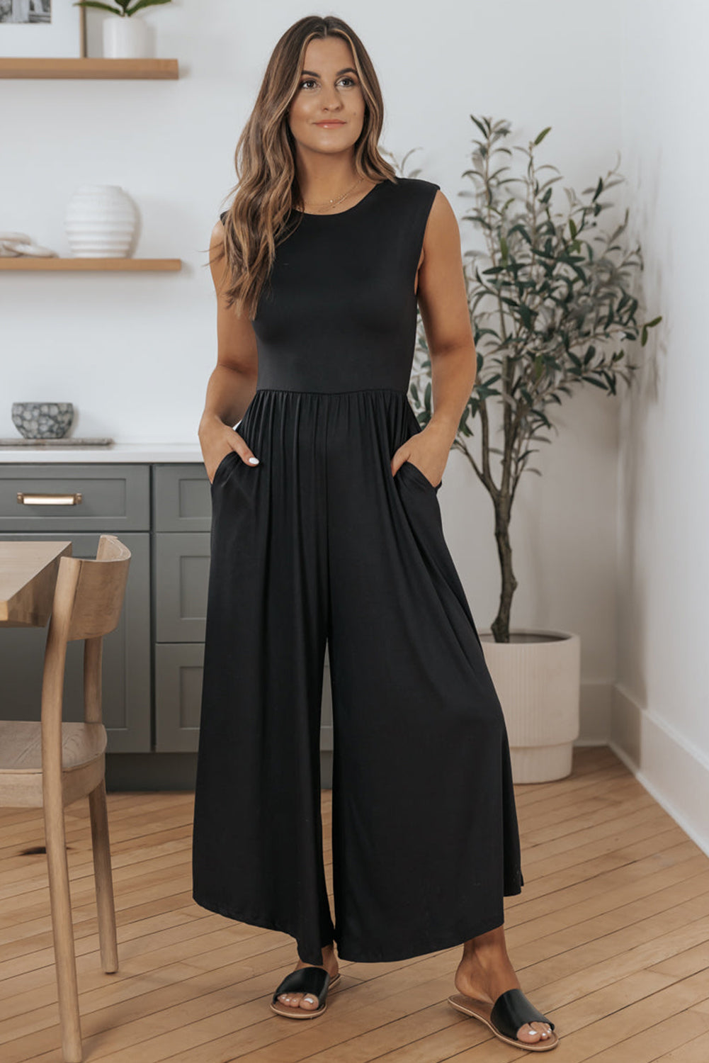 Schwarz Open Back Wide Bein Jumpsuit