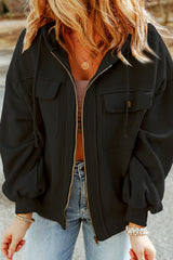Black hooded zipped jacket with tightening cord and flap pocket