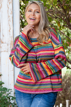 Red long sleeve top with ethnic striped print, plus size