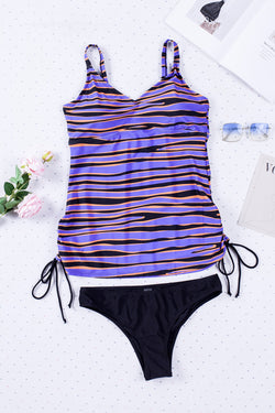 Maillot de bain tankini violet à rayures et laçage