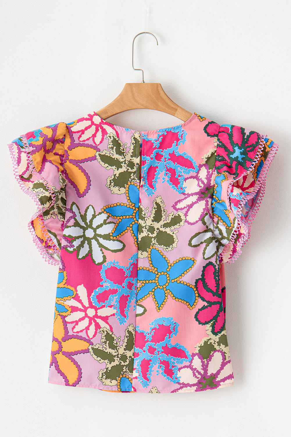 Blusa de manga de volante con estampado floral multicolor vibrante