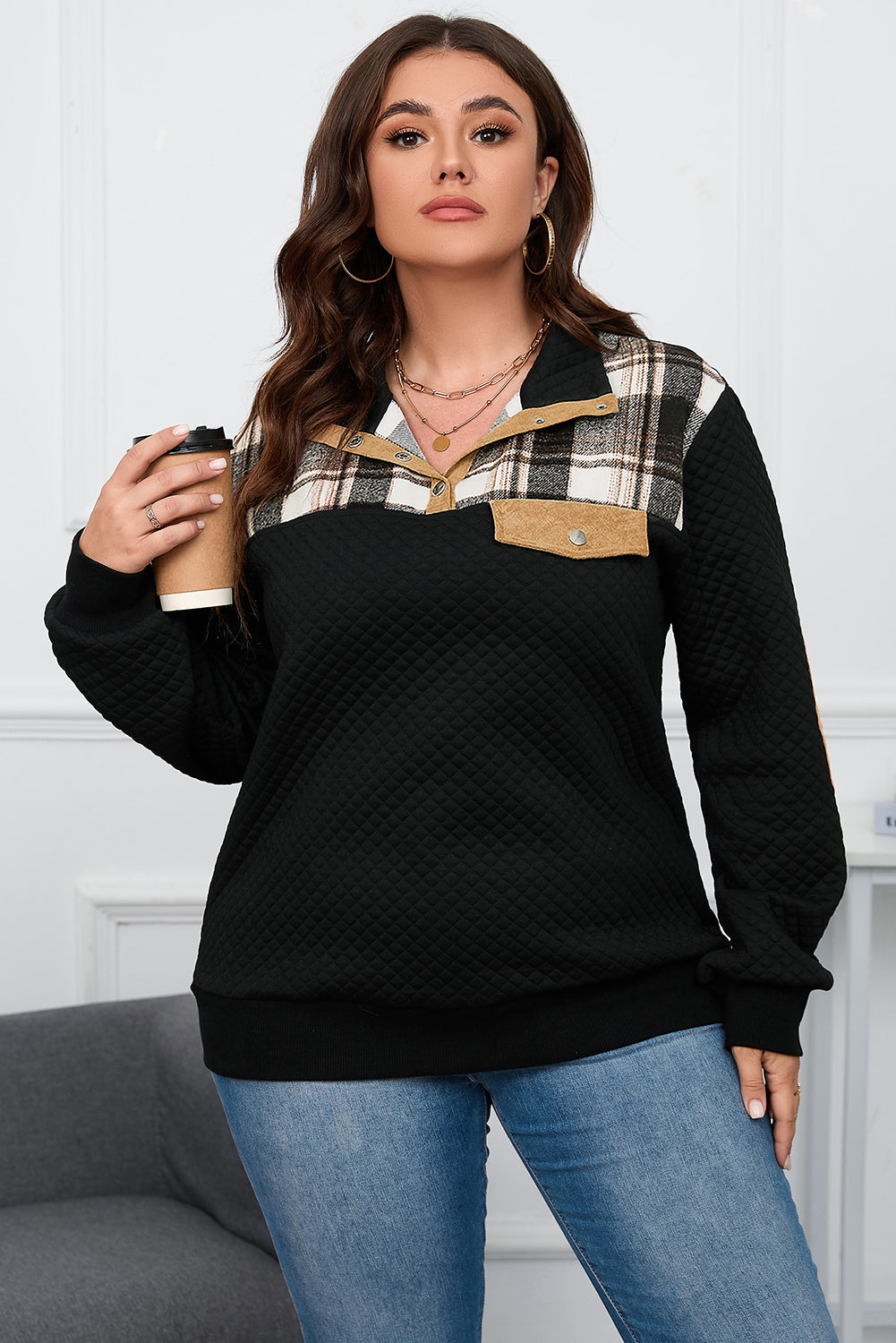 Black Plus Size Plaid Patch Quilted Henley Sweatshirt