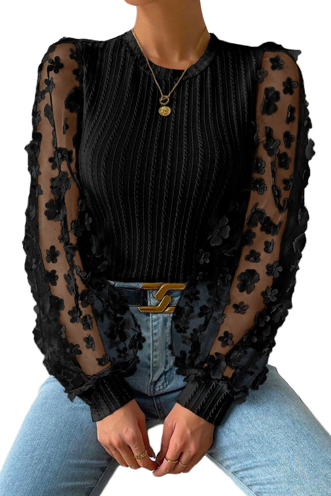 Chemisier en tricot texturé noir à manches en maille avec appliques florales-A WOMAN WE LOVE
