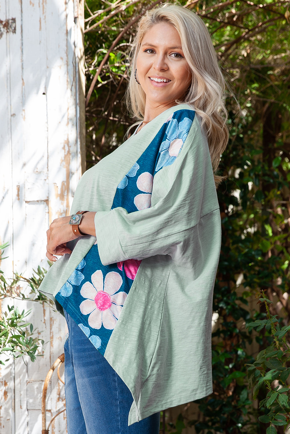 Large top green top in patchwork of flowers