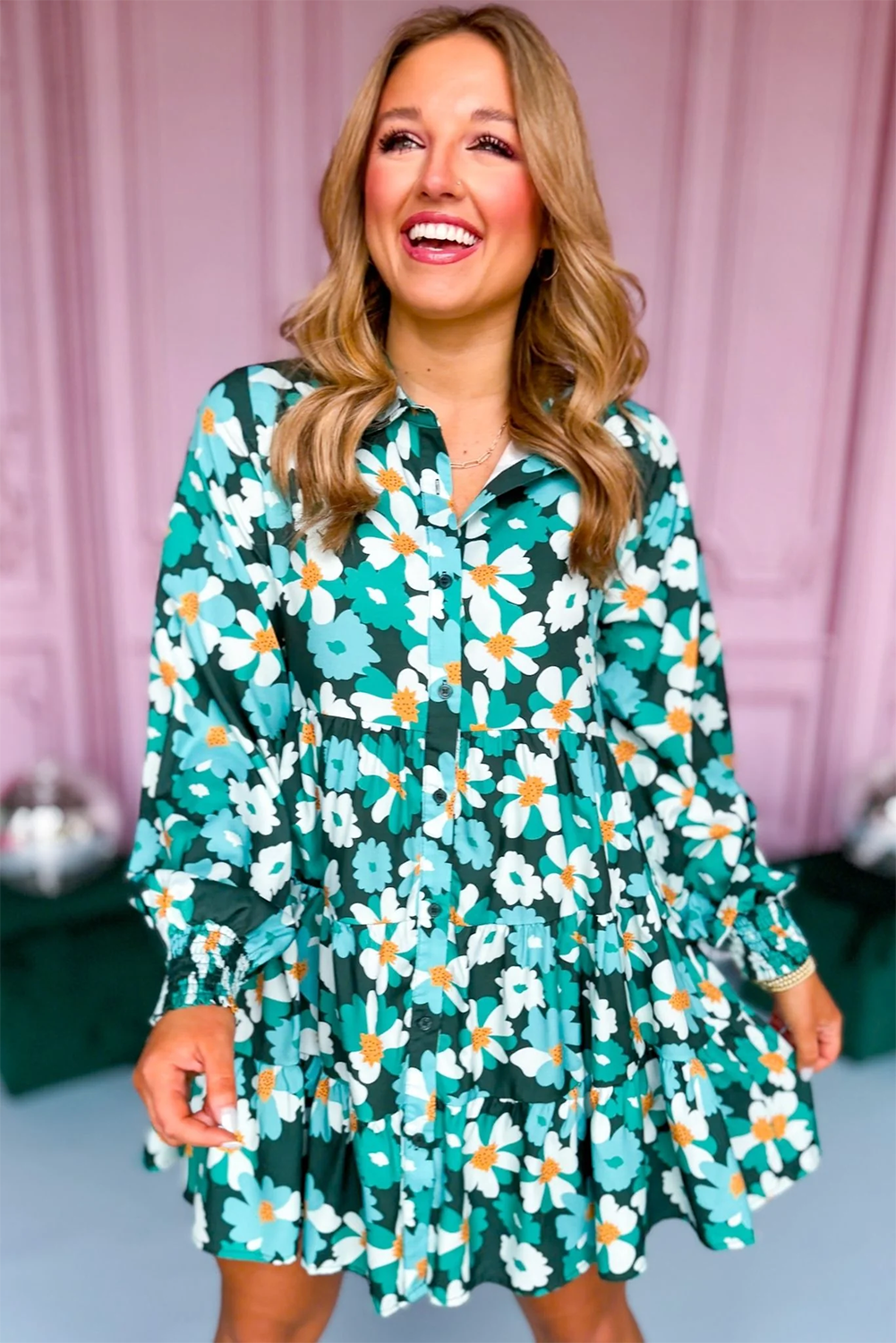 Green floral shirt dress with long puffed sleeves