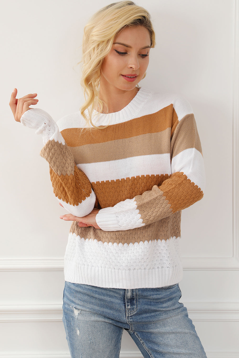 Chestnut Striped Cable Knit Drop Shoulder Sweater