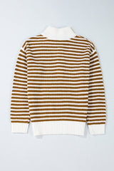 Khaki striped sweater with zipped collar and dropped shoulders
