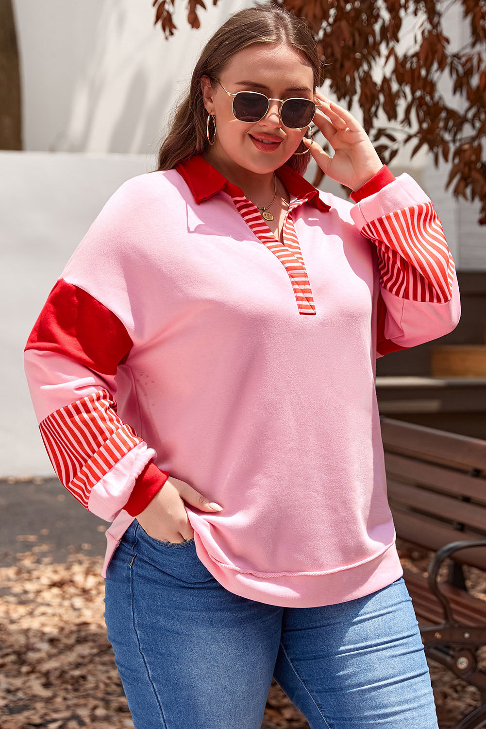 Plus Size Pink Striped Patchwork Side Split Neck Sweatshirt