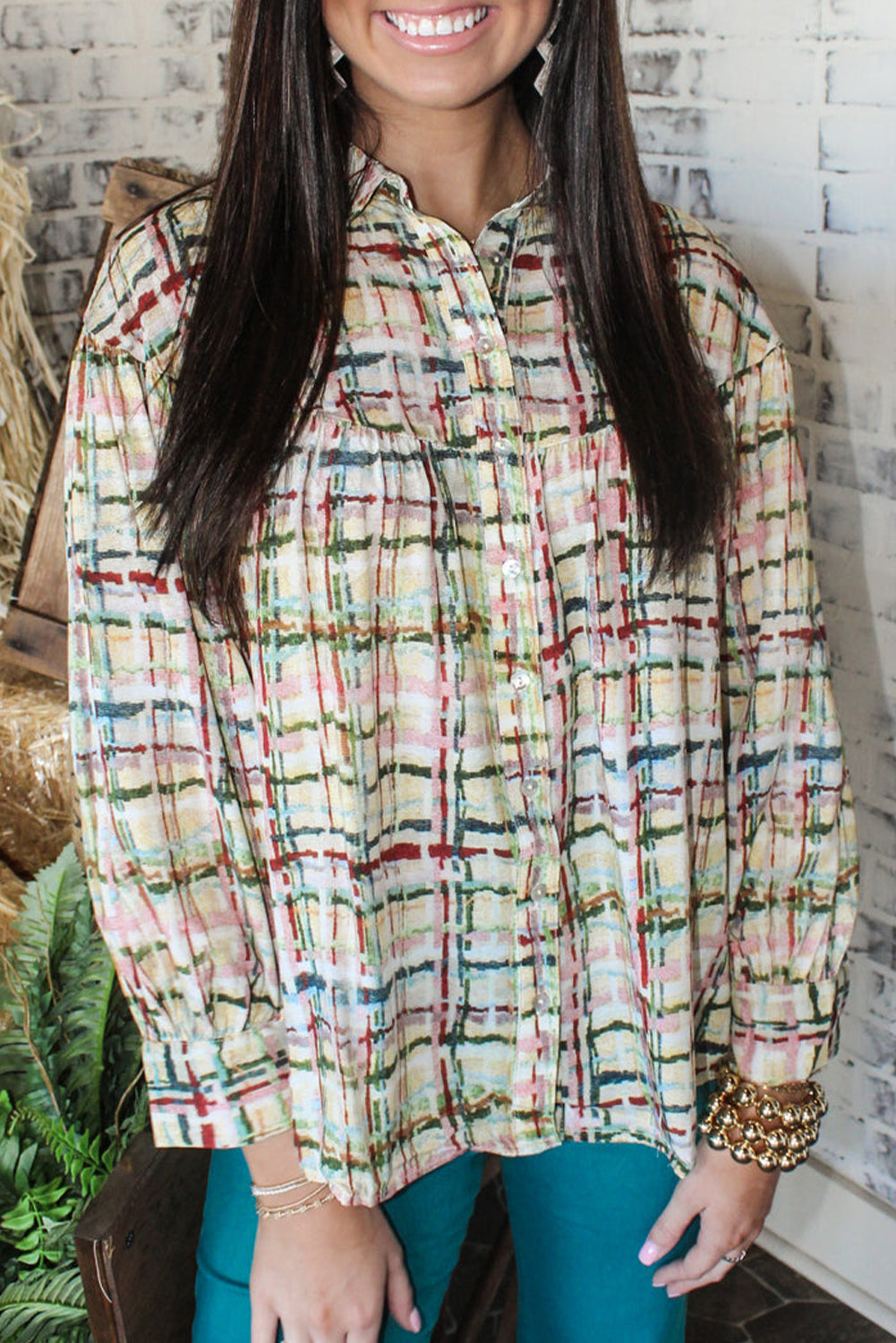 Multicolor Plaid Pattern Puff Sleeve Button Up Shirt